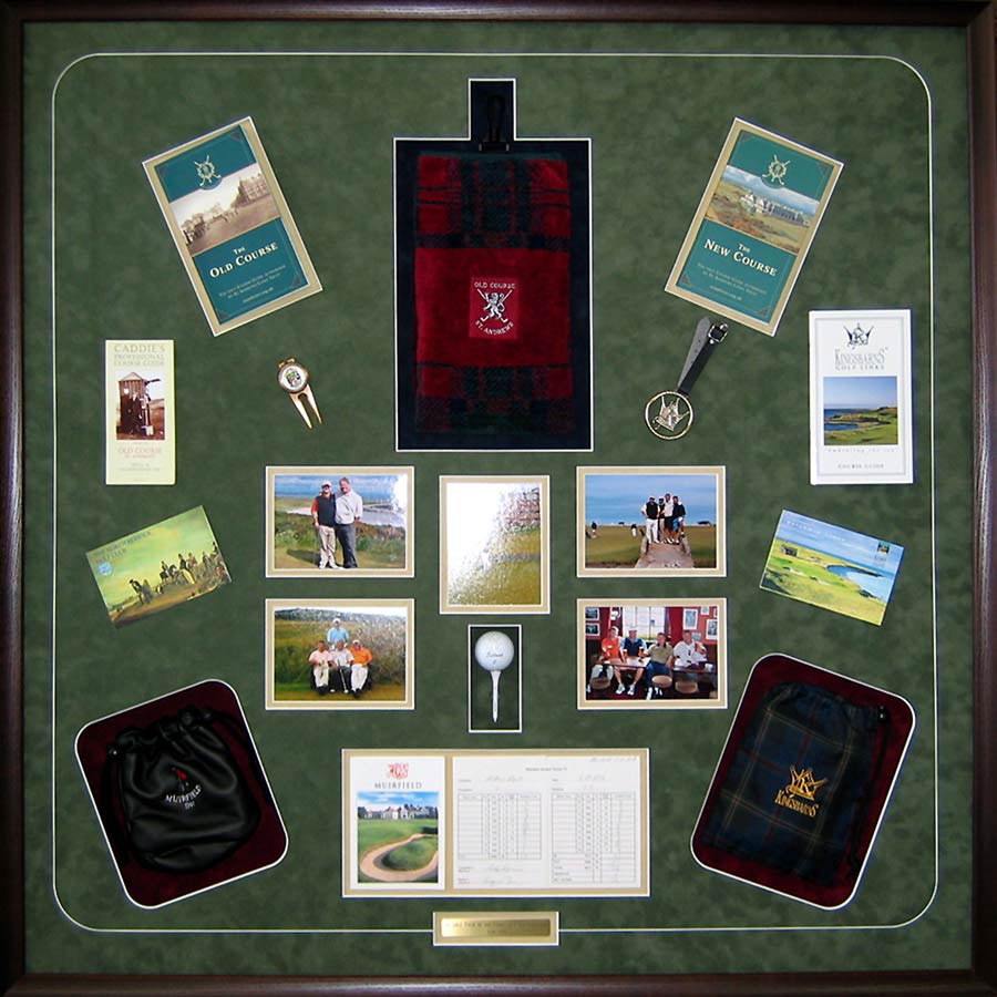 Golf shadowbox example with ball, tee, and scorecard — Cindy's Custom Framing