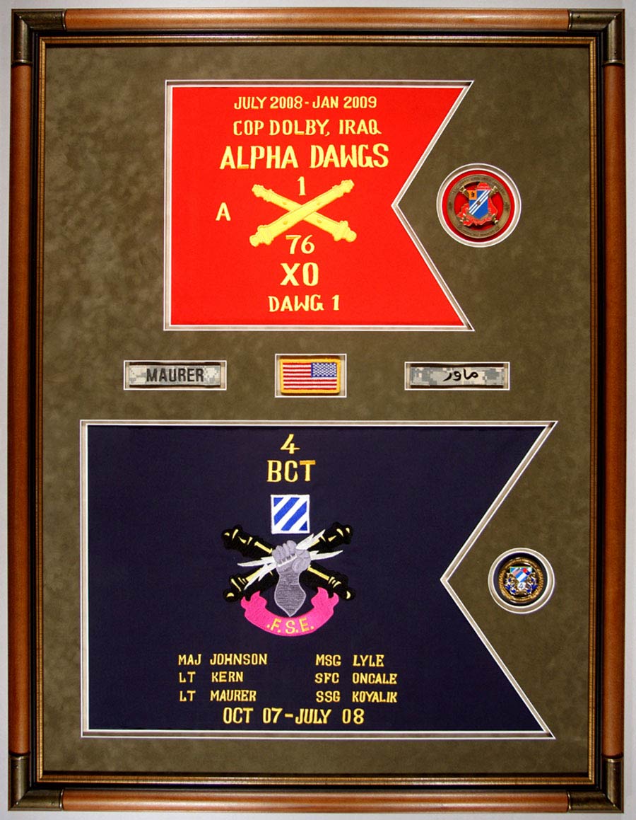 Alpha Dawgs framed guidon with field artillery insignia and unit coin — Cindy's Custom Framing