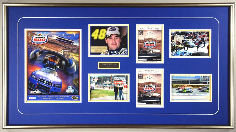 Daytona 500 race collage with photos, tickets, and embroidered nameplate — Cindy's Custom Framing