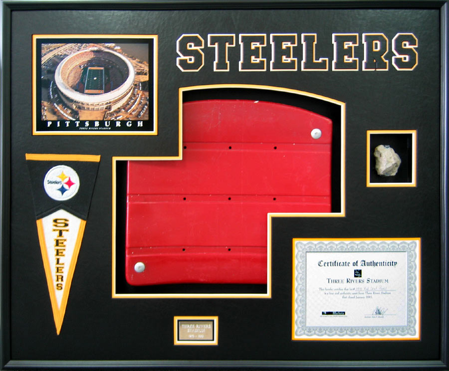 Pittsburgh Steelers stadium seat shadowbox with certificate of authenticity — Cindy's Custom Framing